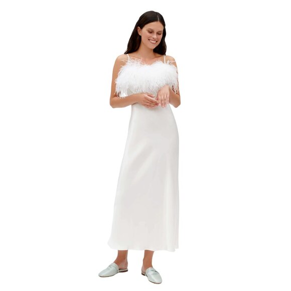 349. SLEEPER Boheme Slip Dress Feathers White Wedding Dress $298 NWT Large - Picture 1 of 5